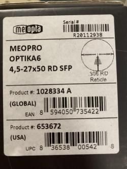 Gрицел Meopta Optika6 4,5-27x50 RD SFP .308 RD Reticle