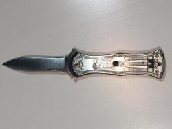 Нож Brian Tighe Twist Titanium Button Lock Flipper Engraved Art Nouveau Border and Angel with Anodizing