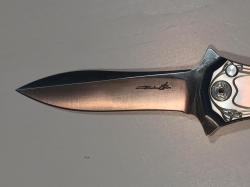 Нож Brian Tighe Twist Titanium Button Lock Flipper Engraved Art Nouveau Border and Angel with Anodizing