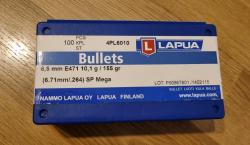 Продам пули Lapua 6.5 mm E471 10,1g/155grain (6,71mm/.264) SP Mega /100шт. 