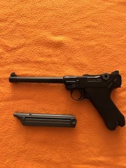 Страйкбольный пистолет WE Luger P-08 6 дюймов (6 мм, Gas, Blowback, Black, WE-P002)