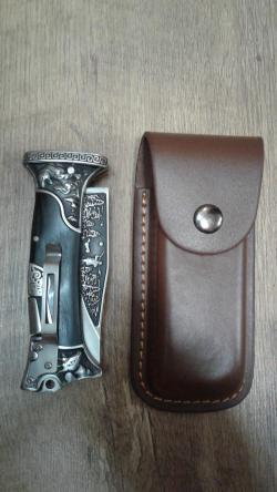 Мощный складной охотничий нож с гравировкой Красавец Клеймо