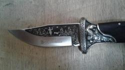 Мощный складной охотничий нож с гравировкой Красавец Клеймо