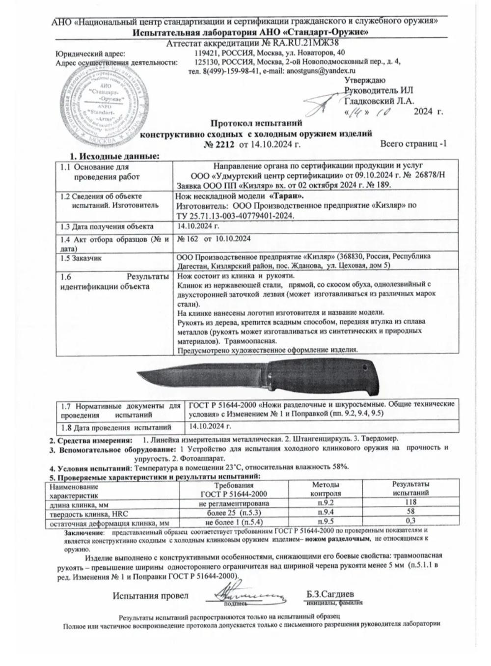 Нож ТАРАН от Кизляр