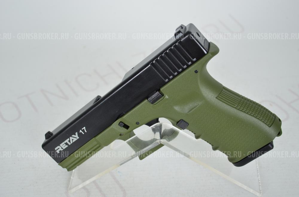 Пистолет Glock-17 охолощенный зеленый Blowback L-107мм 9mm P.A.K 14пат. Retay НОВОЕ