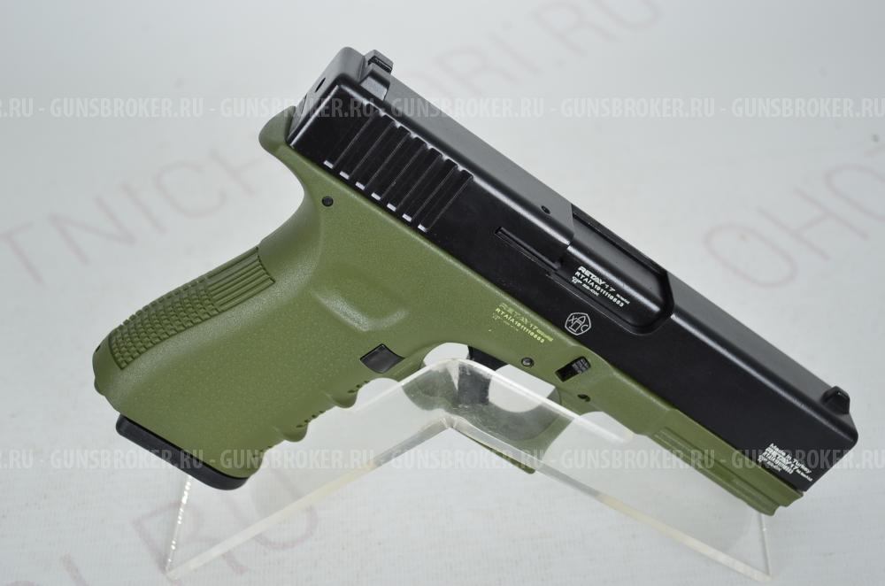 Пистолет Glock-17 охолощенный зеленый Blowback L-107мм 9mm P.A.K 14пат. Retay НОВОЕ