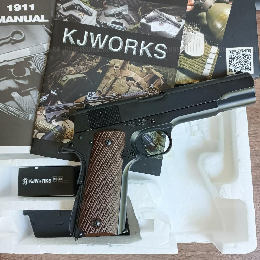 Пистолет страйкбольный (KJW) Colt M1911A1 GBB, GAS, черный, металл, модель - 1911.GAS