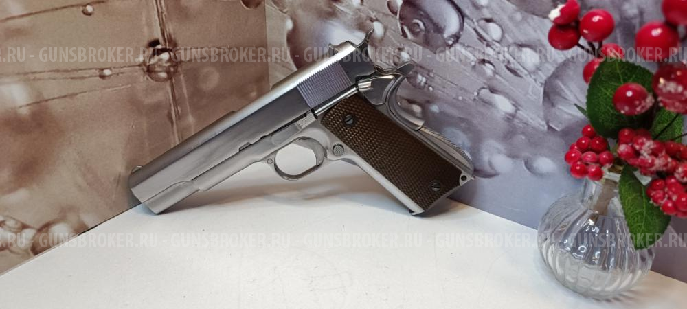 Страйкбольный пистолет WE Colt M1911A1 Silver, коричневые накладки